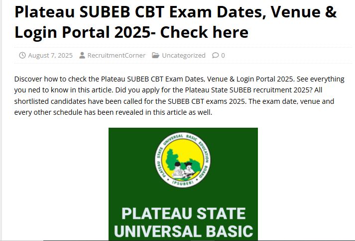 Plateau SUBEB CBT Exam Dates, Venue & Login Portal 2025